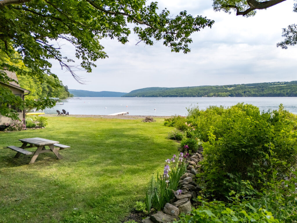 A view looking over the lawn to the lake.